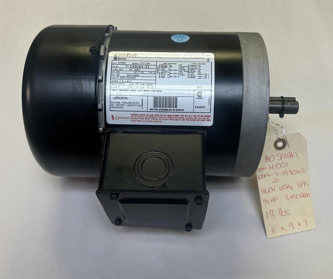 AO SMITH,H1001,MOTOR 1/3HP 3450RPM 208-230/460V 3PH J56C FRAME NOS