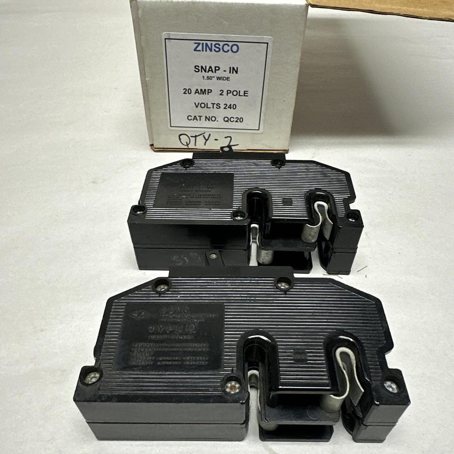 Used Zinsco,QC20,20 Amp 2 Pole 240VAC Circuit Breaker LOT of 2