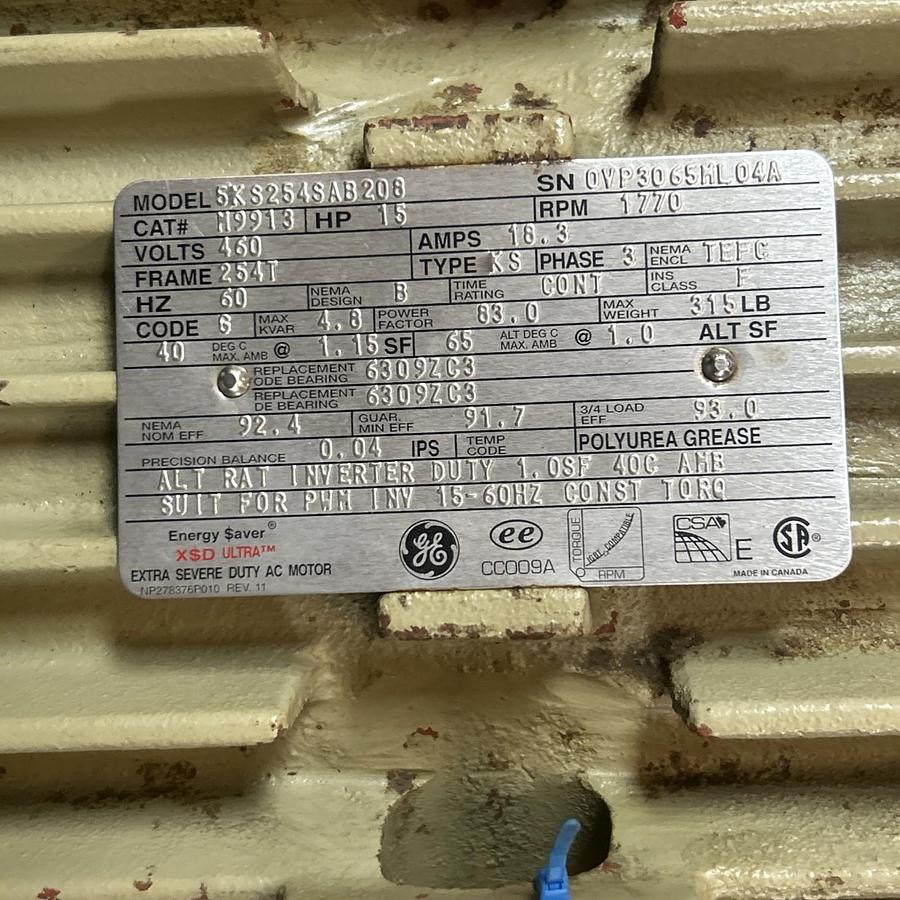 Used GE,M9913,SEVERE DUTY AC MOTOR 15HP 460V 1770RPM 3PH 254T FRAME