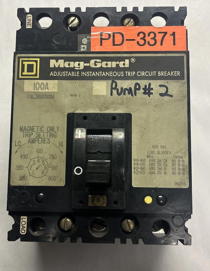 Used SQUARE D,FAL3610018M,CIRCUIT BREAKER 100A 600V 3P