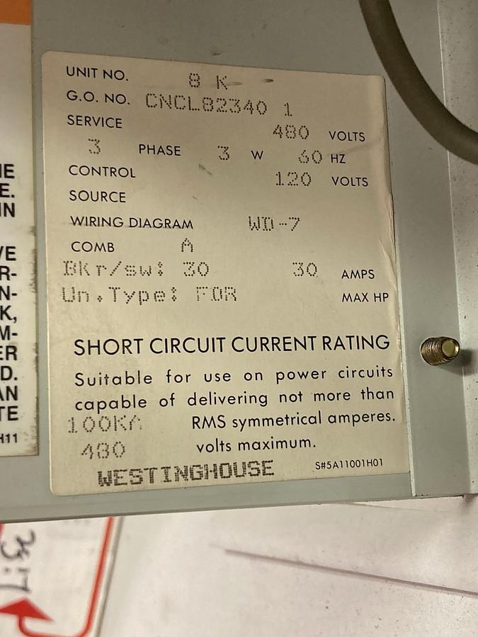 Used Cutler Hammer,30 Amps,12 INCH MCC Disconnect FUSED Feeder Bucket 60Hz 480V