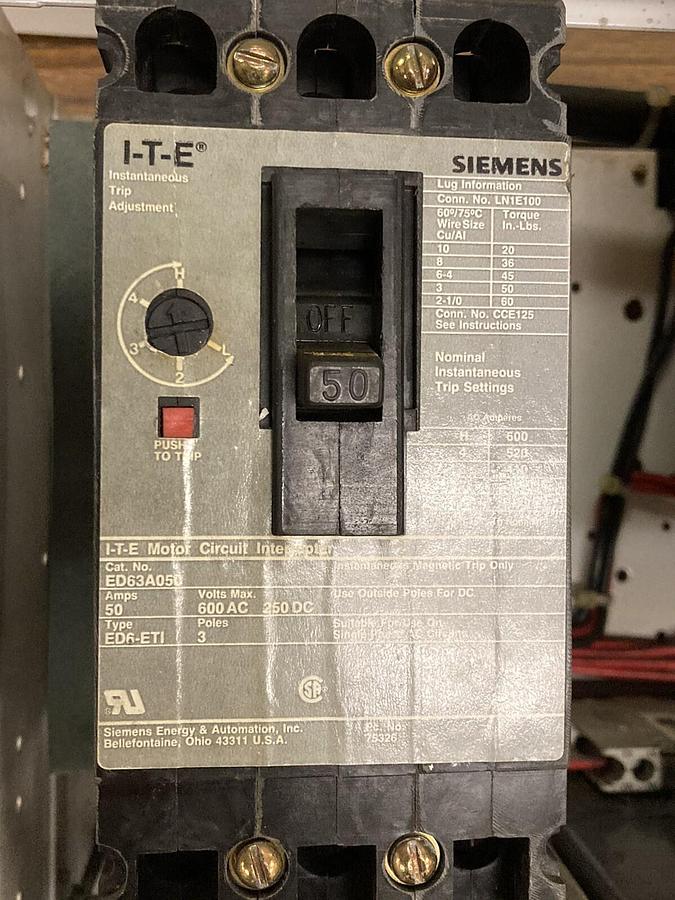 Used ITE Siemens,Model 95 36-89033,50 Amps Size 1 18 INCH MCC Starter Bucket