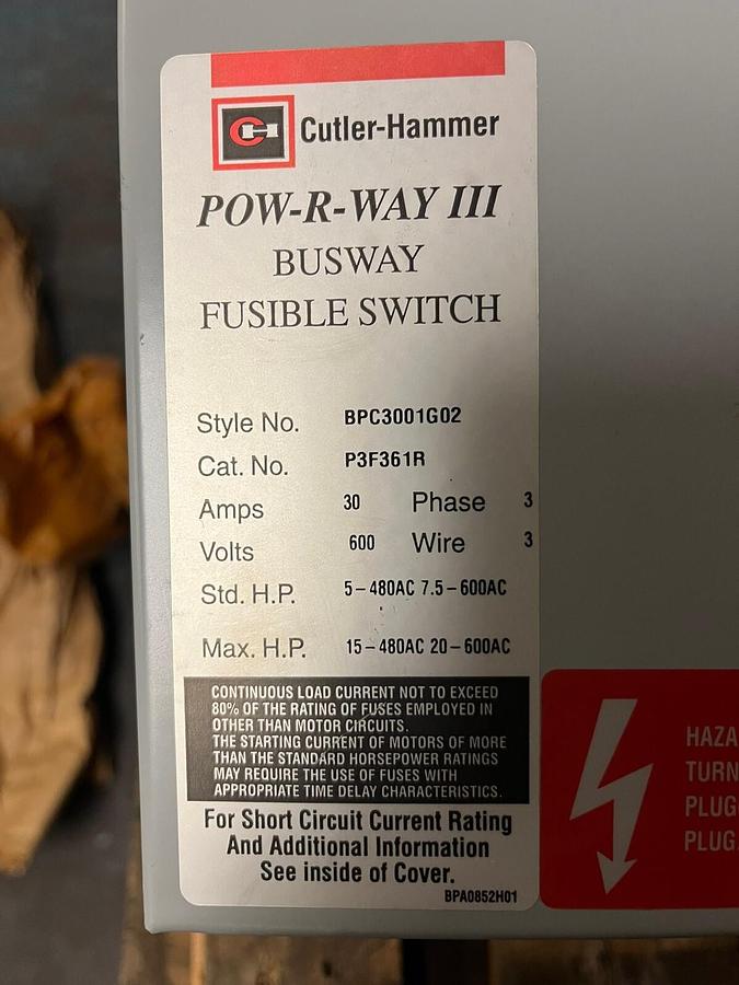 CUTLER HAMMER,P3F361R,FUSIBLE BUSWAY SWITCH BUS PLUG 30A 600V