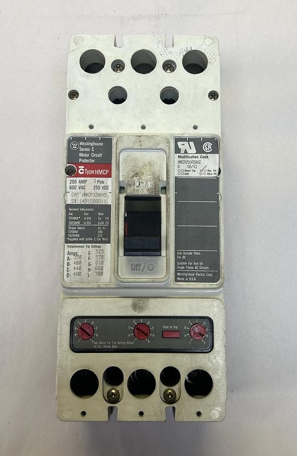 Used WESTINGHOUSE,HMCP250A5,CIRCUIT BREAKER 250A 600V 3P