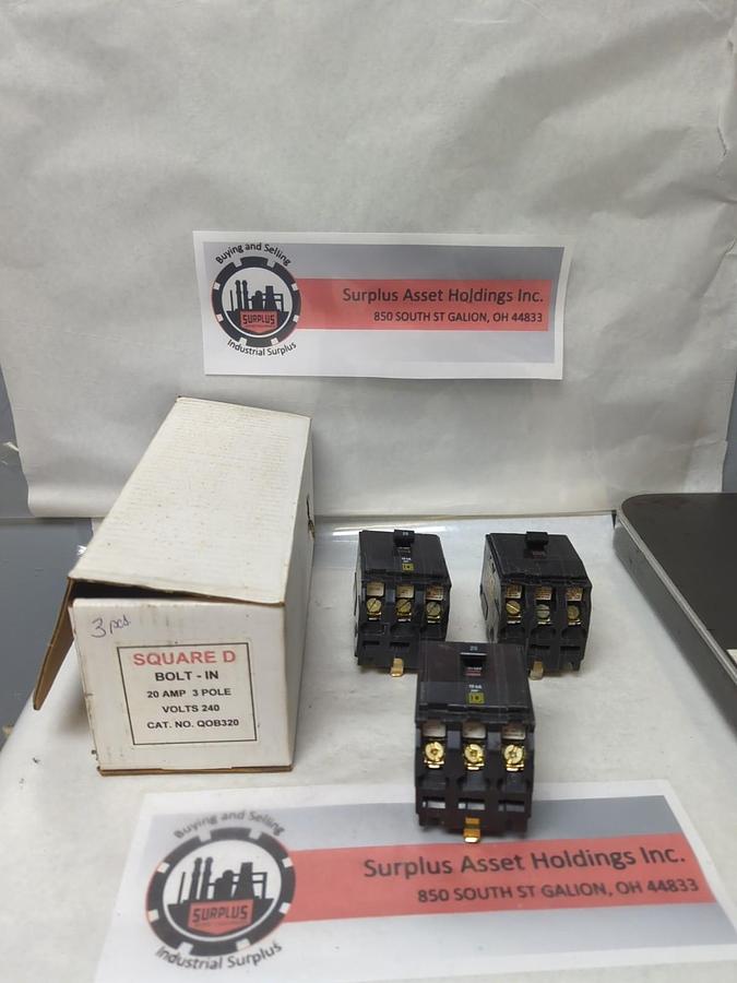 Used SQUARE D,QOB320,CIRCUIT BREAKER 20 AMP 3-POLE LOT OF 3 PRE-OWNED