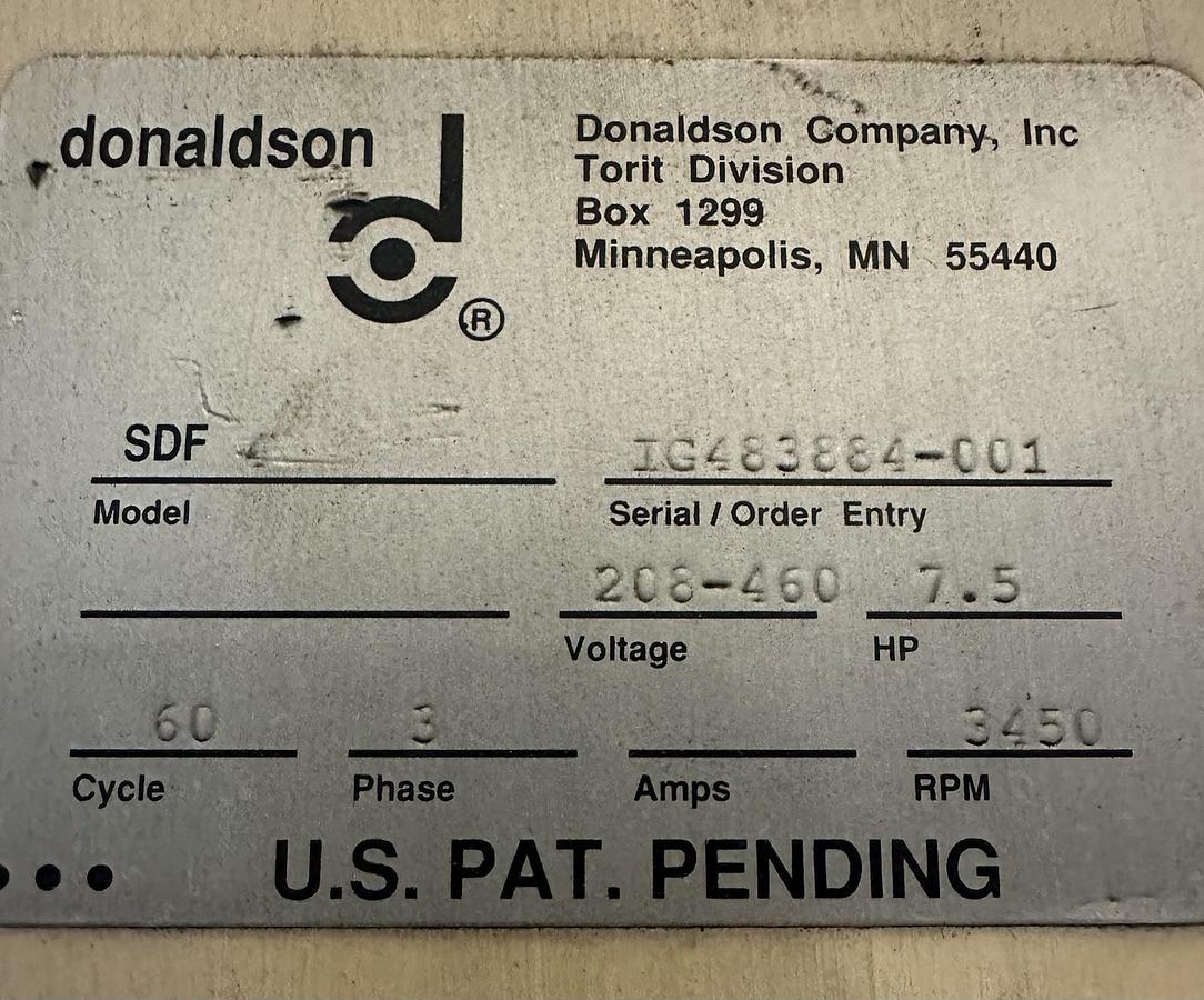 Used Donaldson/Torit,IG483884-001,SDF Dust Collector 7.5hp 3450rpm