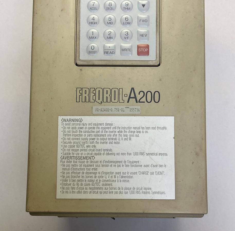 Used MITSUBISHI,FR-A240E-0.75K-UL,INVERTER DRIVE 1HP W/ FR-PU02E-1 PARAMETER UNIT