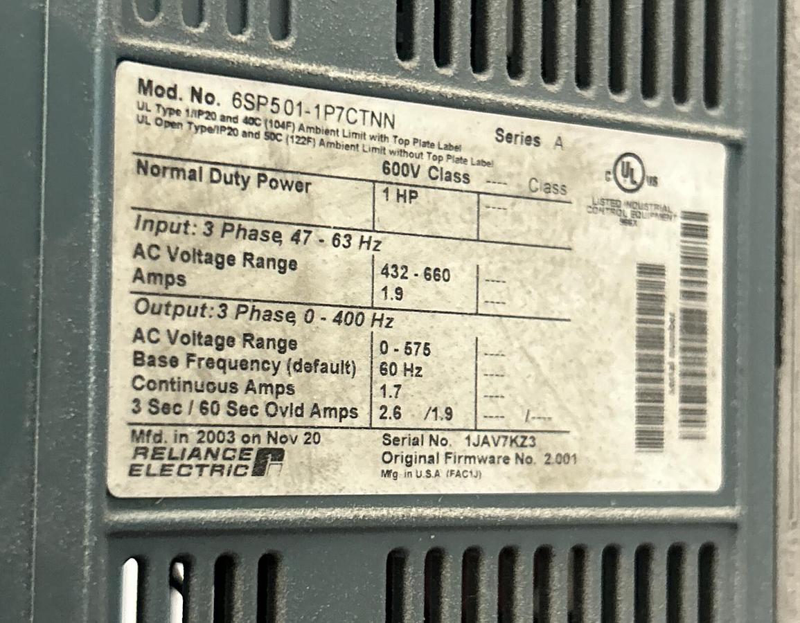 Used RELIANCE,6SP501-1P7CTNN,DRIVE 575V 1HP