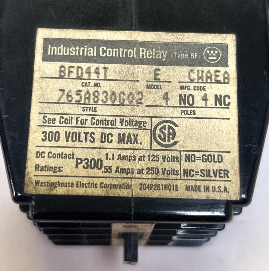 Used WESTINGHOUSE,BFD44T,INDUSTRIAL CONTROL RELAY