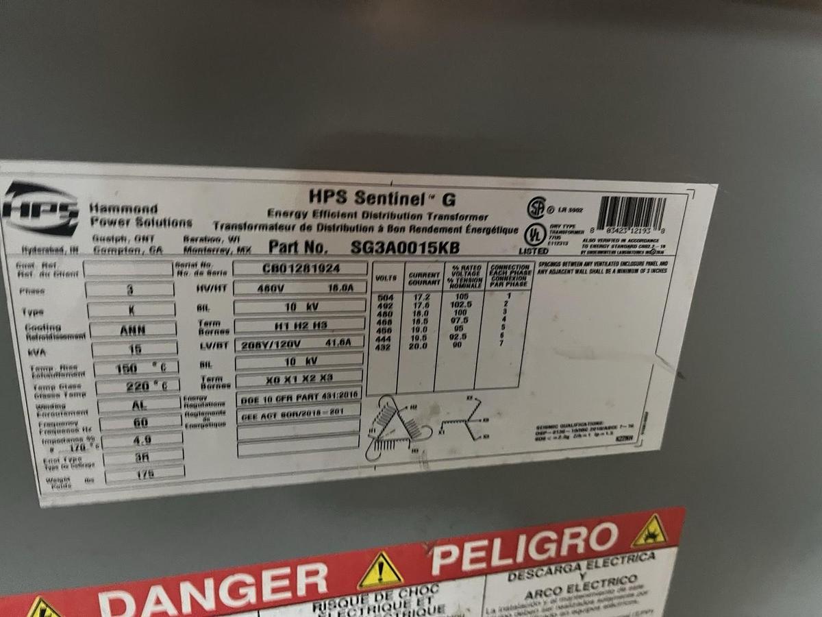 HPS SENTINEL G,SG3A0015KB,TRANSFORMER 15kVA 3PH HV 480V LV 208Y/120V