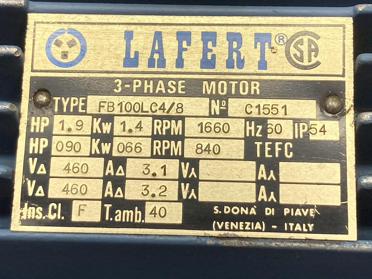 Used Lafert,FB100LC4/8,3-Phase Motor 460V 3.1A 1.9Hp 60Hz