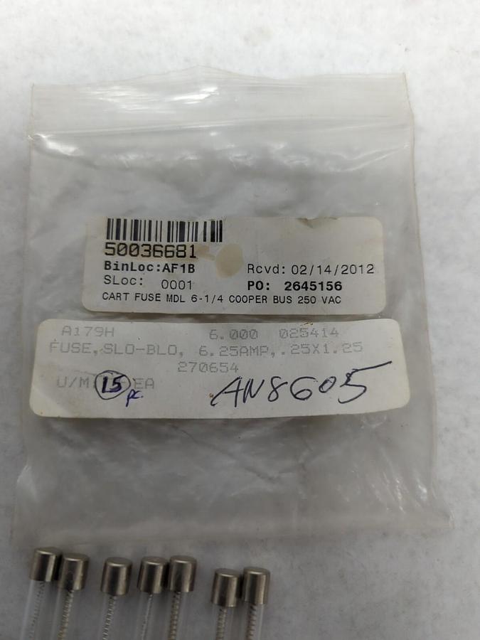 COOPER BUSSMANN,MDL 6-1/4,GLASS FUSES LOT OF 15 NOS