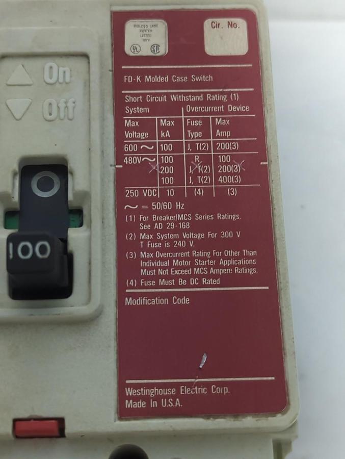 Used WESTINGHOUSE,FD3100K,CIRCUIT BREAKER 100 AMP 3-POLE PRE-OWNED