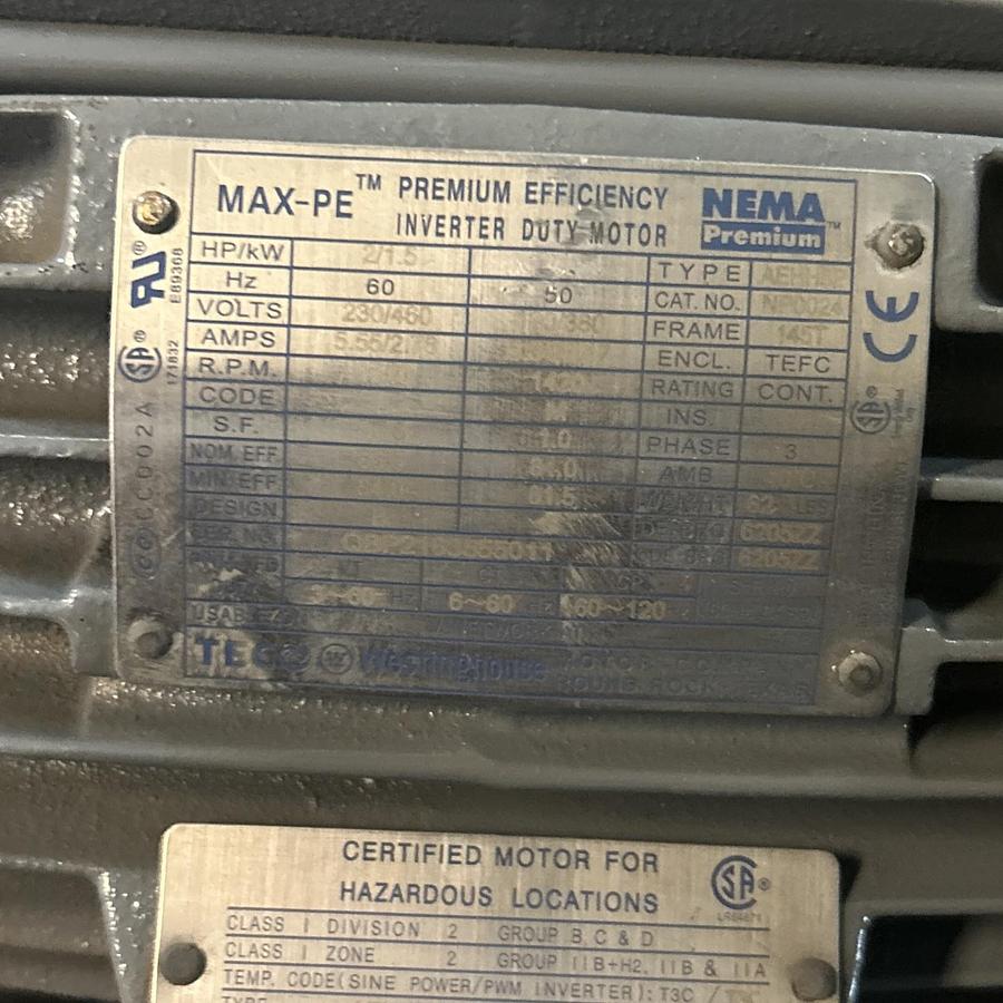 Used TECO WESTINGHOUSE,NP0024,INVERTER DUTY MOTOR 2HP 230/460V 1740RPM 3PH 145T FRAME