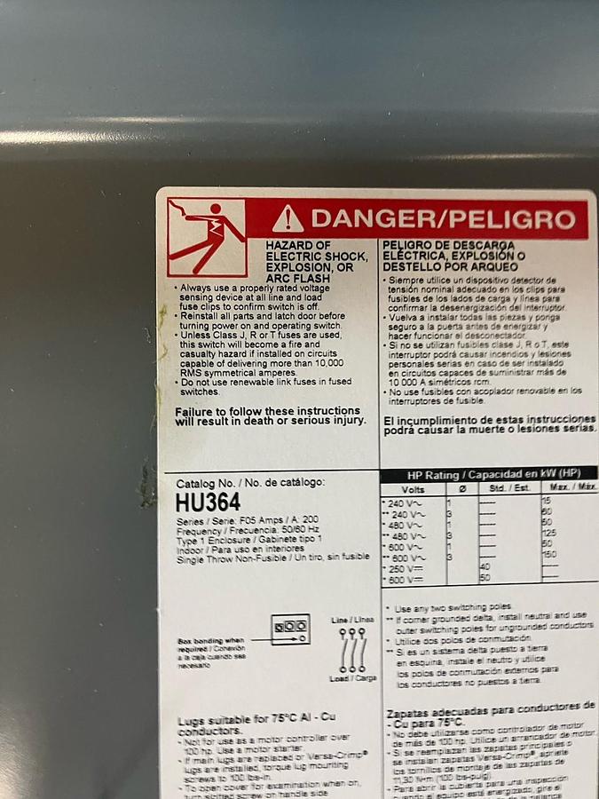 SQUARE D,HU364,NON FUSIBLE DISCONNECT SWITCH 200A 600V 3PH
