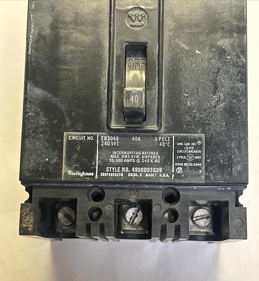 Used WESTINGHOUSE,EB3040,CIRCUIT BREAKER 40A 240V 3P