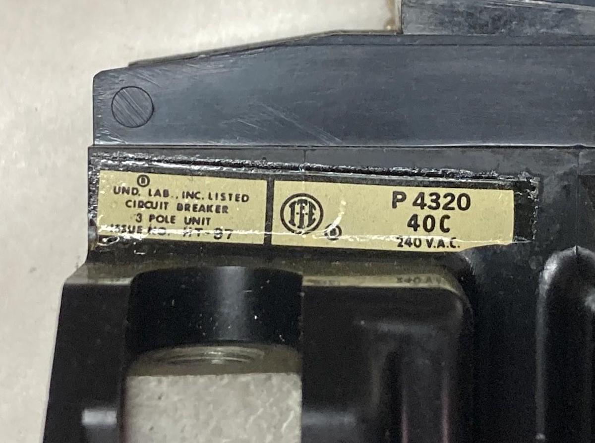 Used ITE Pushmatics,P4320 40C,3-Pole Circuit Breaker 240Vac