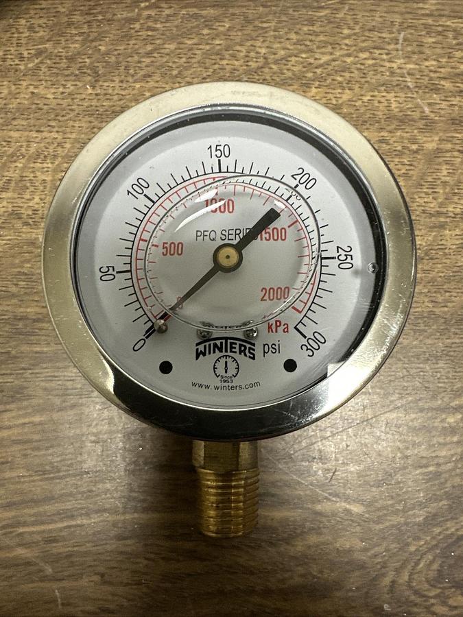Winters,PFQ807,0-300PSI Liquid Filled 2.5" 1/4NPT BTM Mount Pressure Gauge