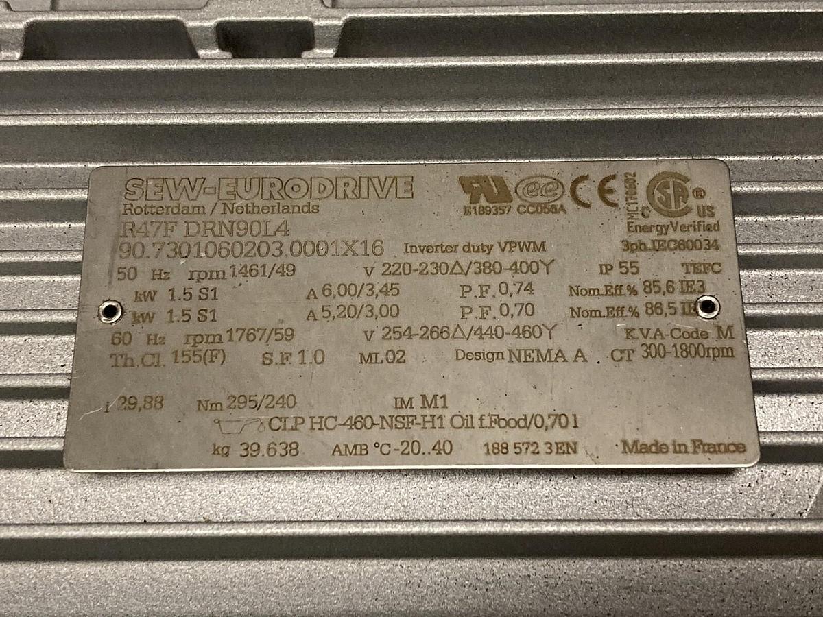 Used Sew-Eurodrive,R47F DRN90L4,Gearmotor Ratio 44.22  1751/40 RPM  230/460V