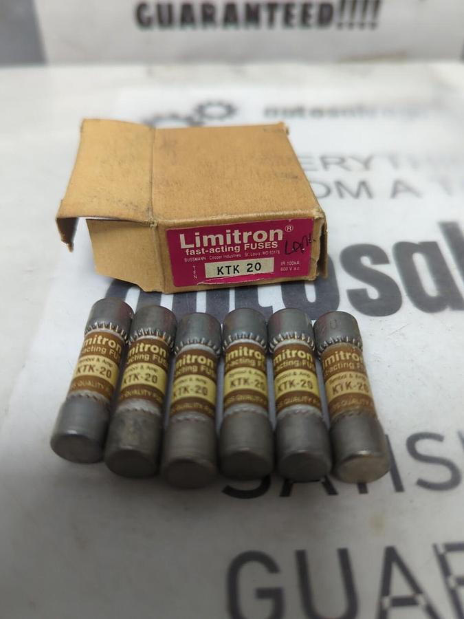 COOPER BUSSMANN,KTK-20,LIMITRON 20 AMP FUSES BOX OF 6 FUSES NOS