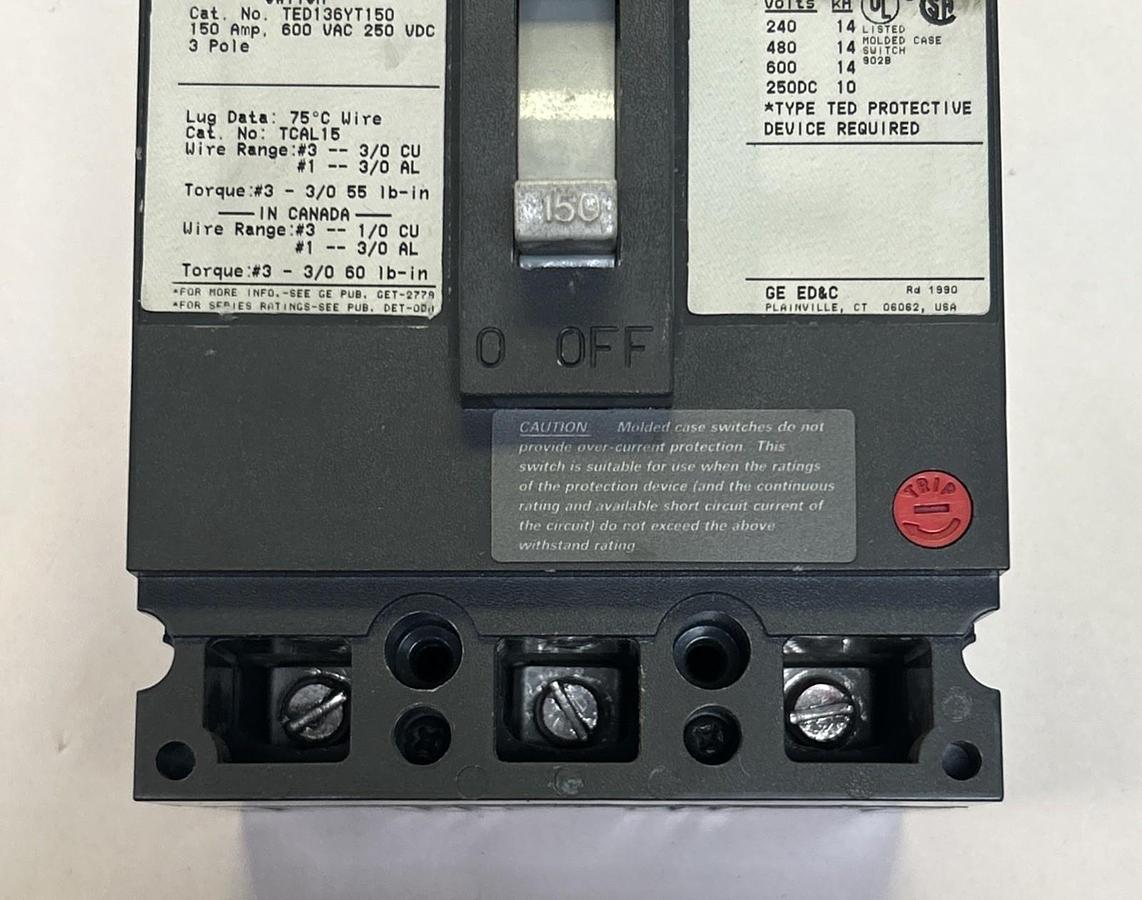 Used GE,TED136YT150,CIRCUIT BREAKER 150A 600V 3P