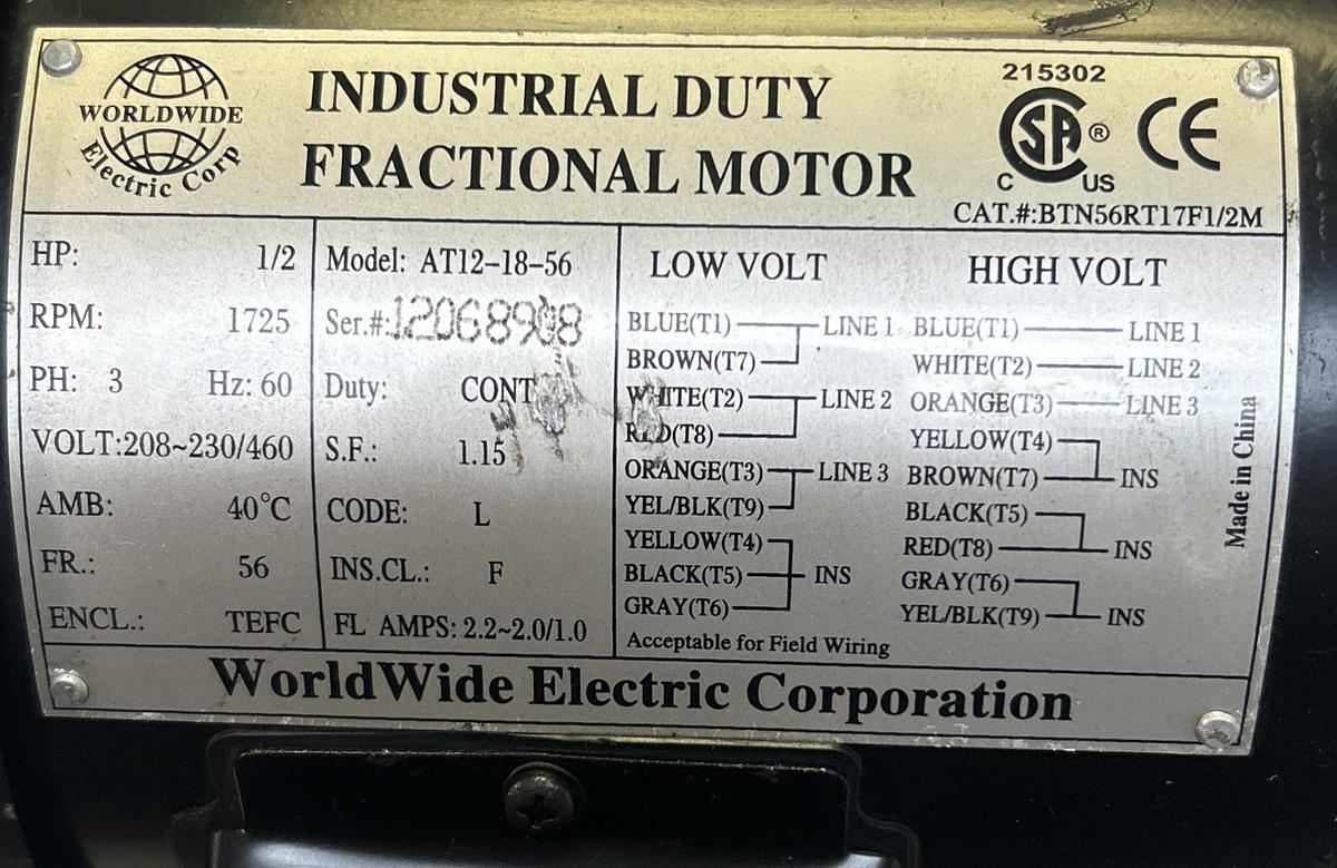 WORLDWIDE ELECTRIC,AT12-18-56,FRACTIONAL MOTOR 1/2HP 1725RPM 208-230/460V 56 FR