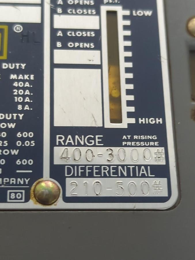 Used SQUARE D,9012ADW6,PRESSURE SWITCH PRE-OWNED