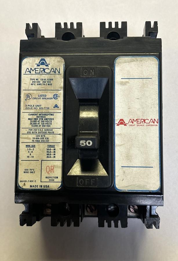 Used AMERICAN,NE350,CIRCUIT BREAKER 50A 240V 3P