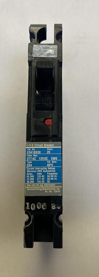 Used ITE,ED41B020,CIRCUIT BREAKER 20A 277V 1P