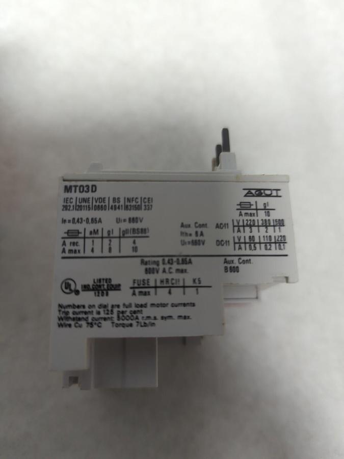 JOSLYN CLARK,MT03D,OVERLOAD RELAY AGUT 43-0.65A 600V NOS