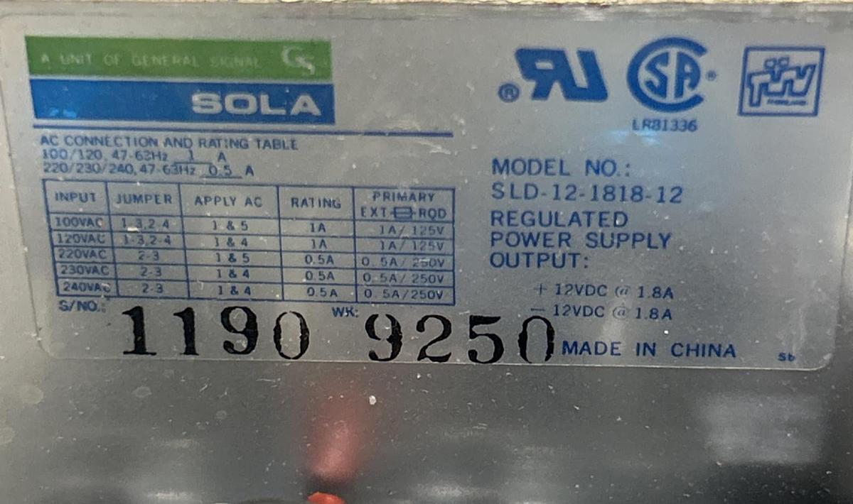 Used SOLA,SLD-12-1818-12,POWER SUPPLY