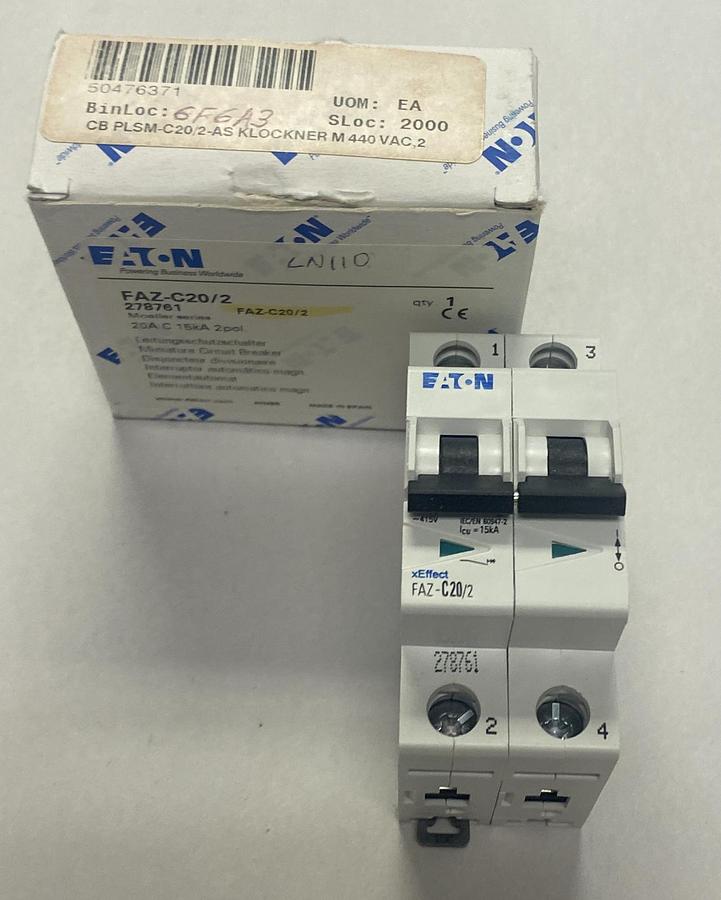 Used EATON,FAZ-C20/2,CIRCUIT BREAKER 20A 2P NEW