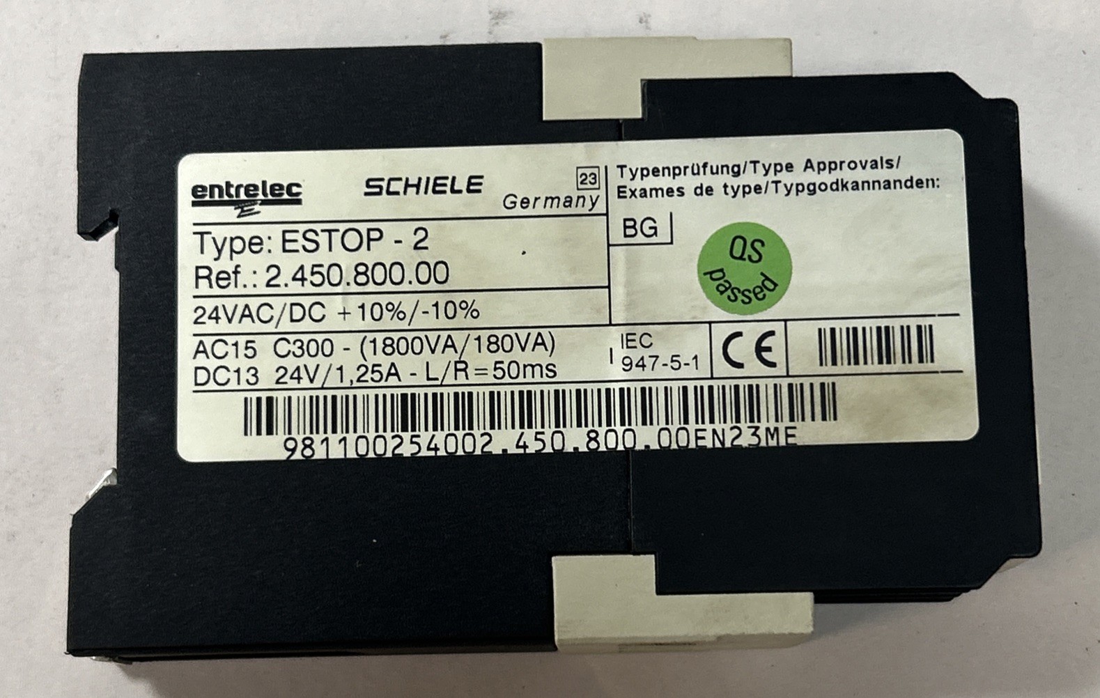 Used ENTRELEC SCHIELE,ESTOP-2,RELAY 2.450.800.00