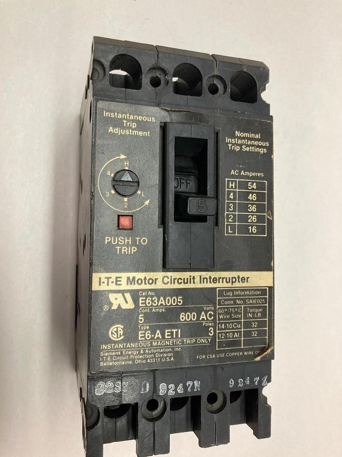 Used ITE,E63A005,3-Pole Motor Circuit Interrupter 5A 600AC Type E6-A ETI