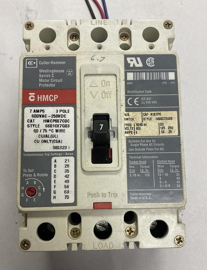 Used CUTLER-HAMMER WESTINGHOUSE, HMCP007CDC,CIRCUIT BREAKER 7A 600V 3P