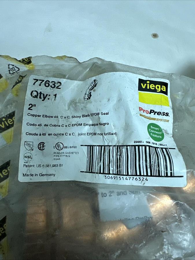 Used Viega,77632,2" Copper 45 Deg Elbow