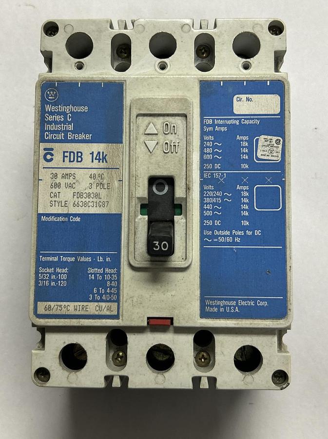 Used CUTLER -HAMMER WESTINGHOUSE,FDB3030L, CURCUIT BREAKER 30A 600V 3P