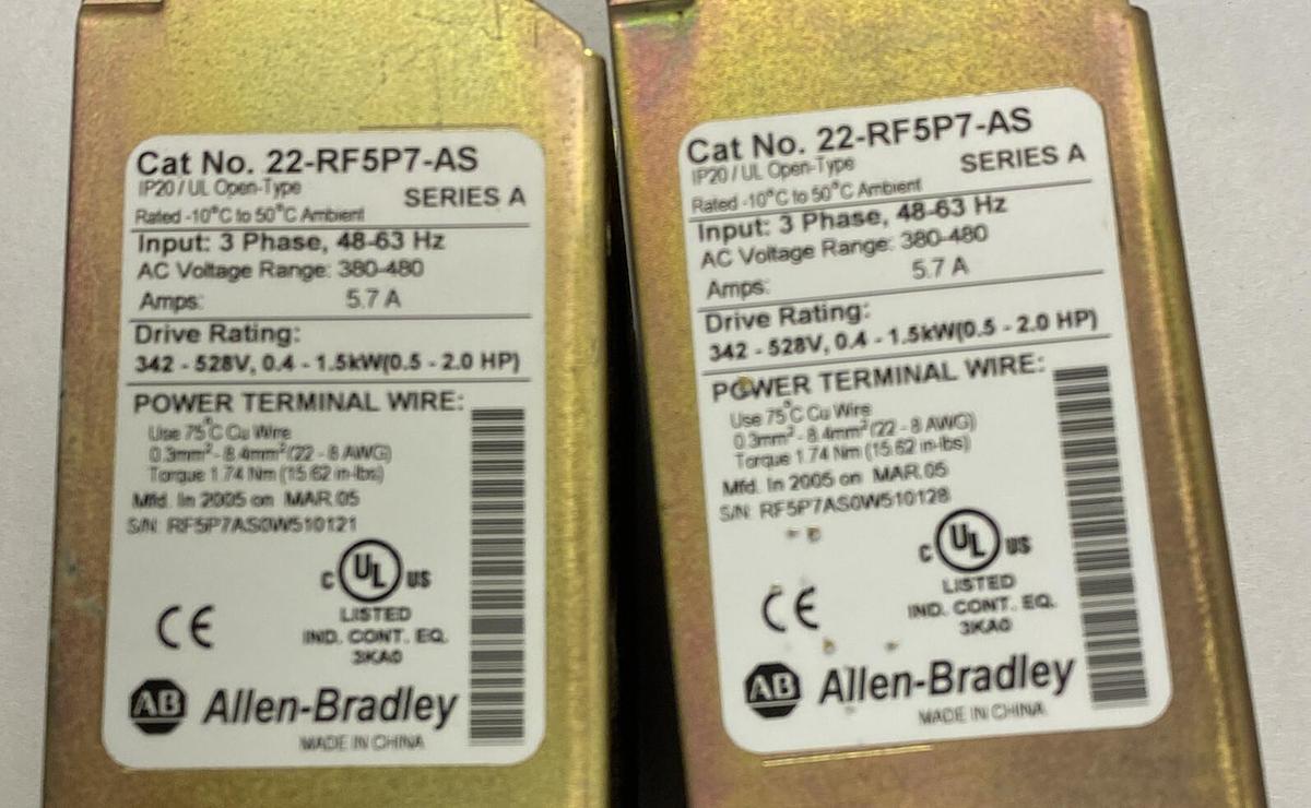 Used ALLEN BRADLEY,22-RF5P7-AS,SER A LINE FILTER LOT OF 2