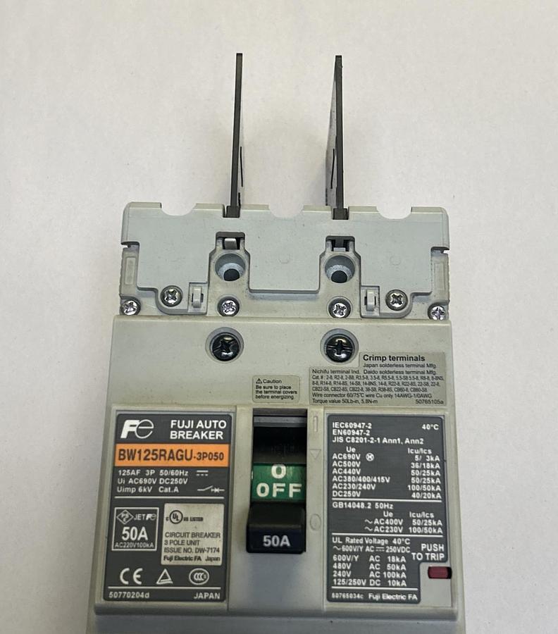 Used FUJI ELECTRIC,BW125RAGU-3P050,AUTO CIRCUIT BREAKER 50A 690V 3P
