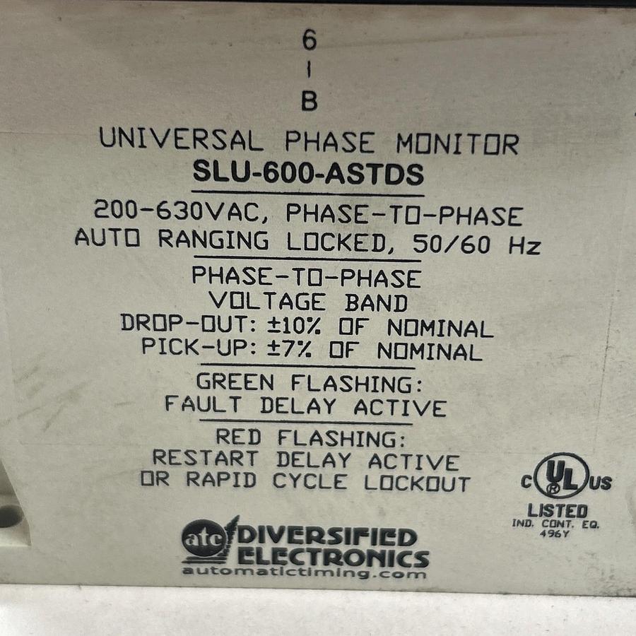 Used ATC DIVERSIFIED ELECTRONICS,SLU-600-ASTDS,PHASE MONITORING RELAY 200-630V