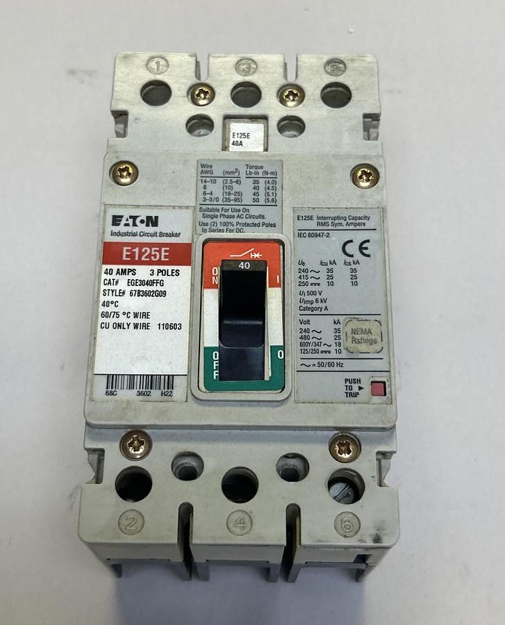 Used EATON,EGE3040FFG,CIRCUIT BREAKER 40A 345V 3P
