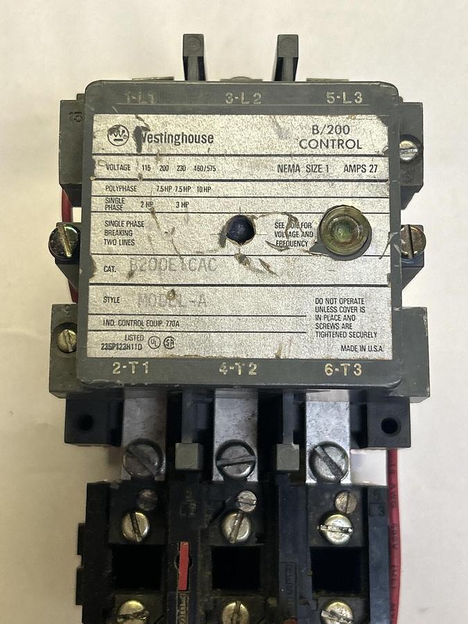 Used WESTINGHOUSE,B200E1CAC,CONTACTOR SIZE 1 27A