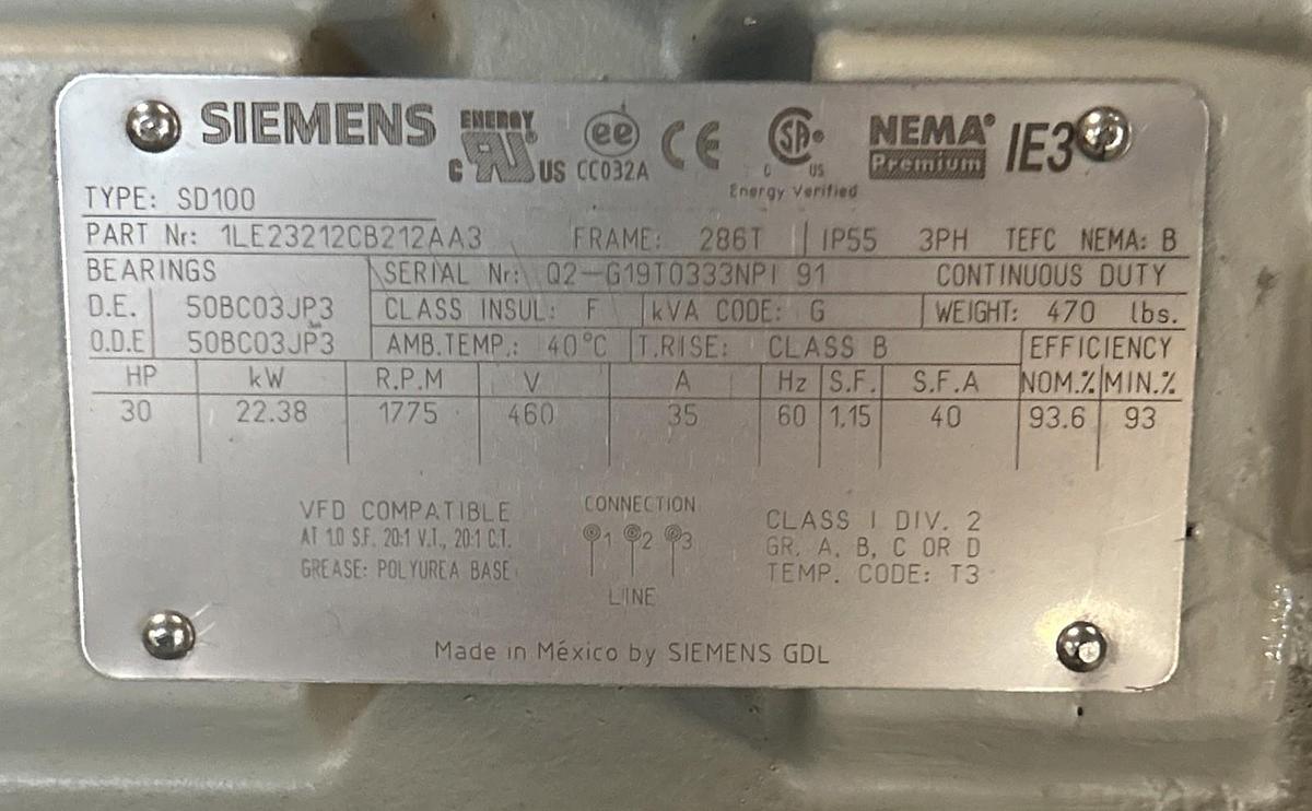 SIEMENS,1LE23212CB212AA3,MOTOR 30HP 1775RPM 460V 3PH 286T FRAME NOS