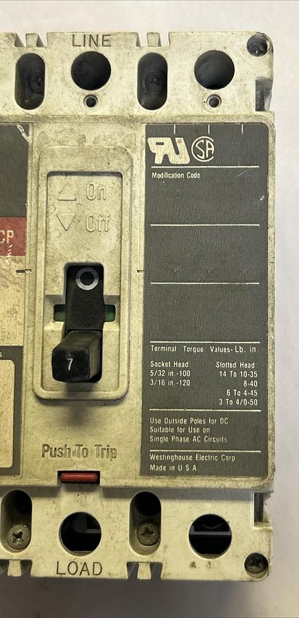 Used WESTINGHOUSE,HMCP007C0C,CIRCUIT BREAKER 7AMP 600V 3P