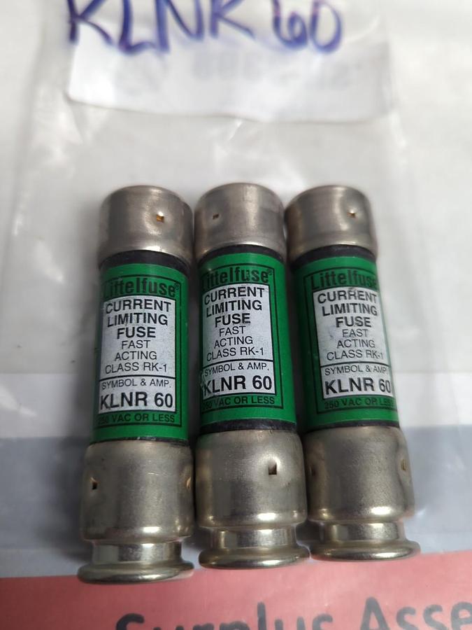 Used LITTELFUSE,KLNR-60,FAST-ACTING 60 AMP FUSE LOT OF 3 PRE-OWNED