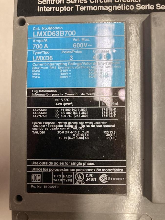Used Siemens,LMXD63B700,3-Pole Circuit Breaker 700A 600V