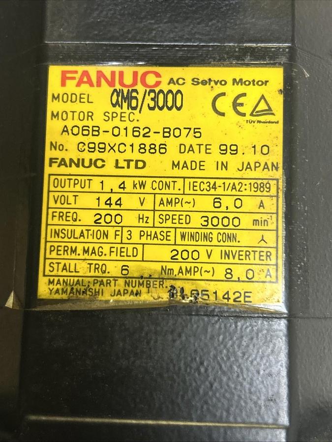 Used FANUC,A06B-0162-B075,AC SERVO MOTOR 3000RPM 6A 144V 3PH