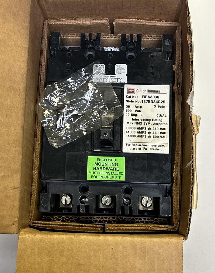 Used CUTLER-HAMMER,RFA3030,CIRCUIT BREAKER 30A 600V 3P NEW