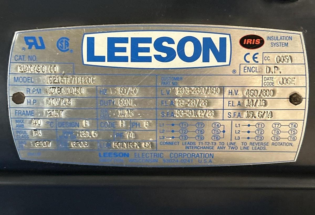 Used LEESON,C215T17DB,MOTOR 10HP 1760RPM 230/460V 3PH 215T FRAME