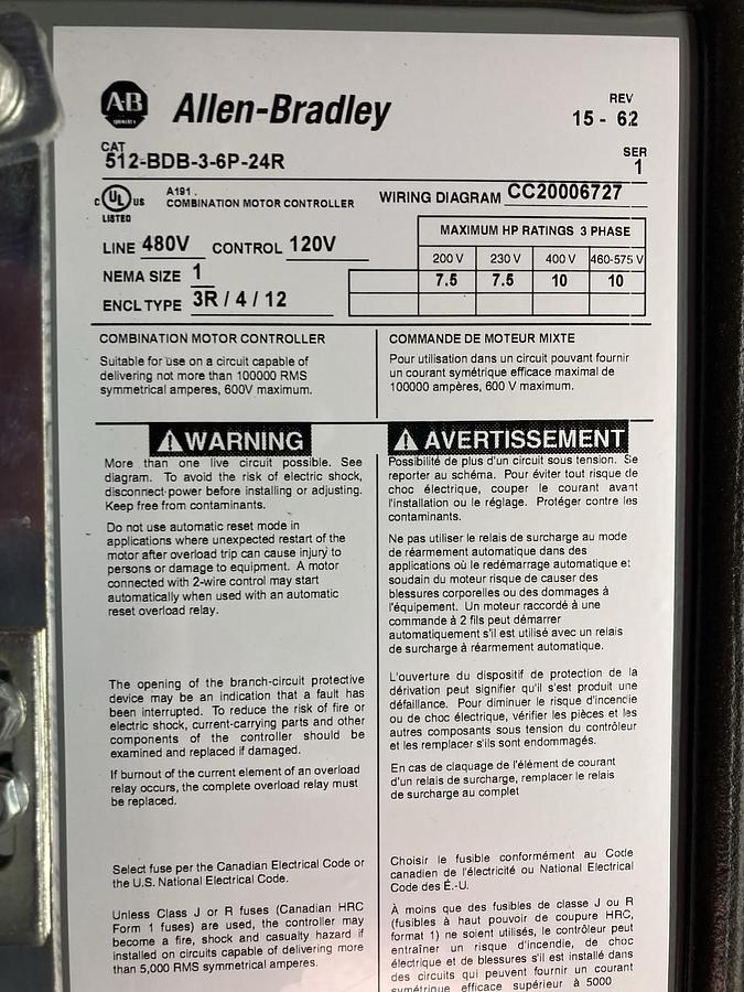 Allen-Bradley,512-BDB-3-6P-24R,Combination Starter NEMA Size 1 Type 3R/4/12